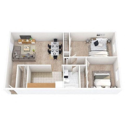 Floor plan for 2 beds, 1 bath, 740 sqft
