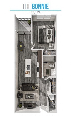 Floor plan for 1 bed, 1 bath, 750 sqft