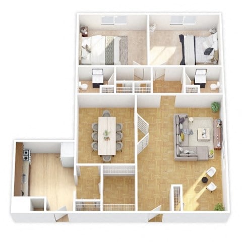 Floor plan for 2 beds, 2 baths, 1542 sqft
