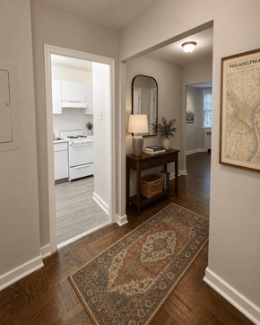Bryn Mawr apartment for rent - A hallway with a rug on the floor and a map on the wall.