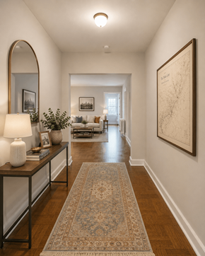 Bryn Mawr apartment for rent - A long hallway with a rug on the floor and a painting on the wall.