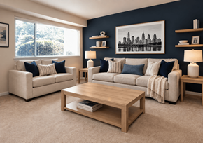 Philadelphia apartment for rent - A living room with a large window, two couches, a coffee table, and a city skyline picture on the wall.