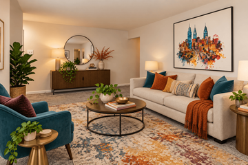 Philadelphia apartment for rent - A living room with a blue armchair, a white sofa, and a coffee table with a plant on it.