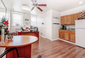 Philadelphia apartment for rent - A Christmas tree stands in a living room with a fan on the ceiling.