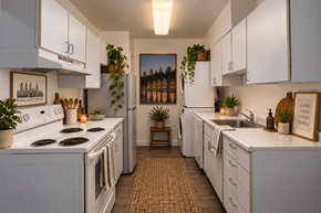 Bryn Mawr apartment for rent - A kitchen with white appliances and cabinets, a rug on the floor, and a painting on the wall.