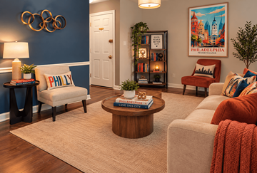 Philadelphia apartment for rent - A living room with a blue wall and a painting of Philadelphia.