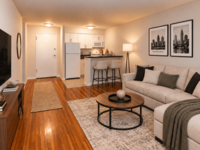 Philadelphia apartment for rent - A living room with a couch, a coffee table, and a television.
