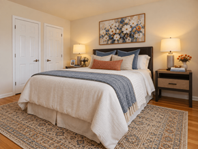 Philadelphia apartment for rent - A bedroom with a large bed and a floral painting above it.