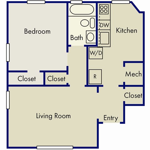 Floor plan for 1 bed, 1 bath, 604 sqft