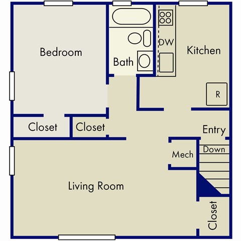 Floor plan for 1 bed, 1 bath, 655 sqft