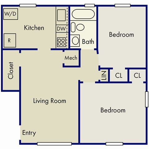 Floor plan for 2 beds, 1 bath, 700 sqft