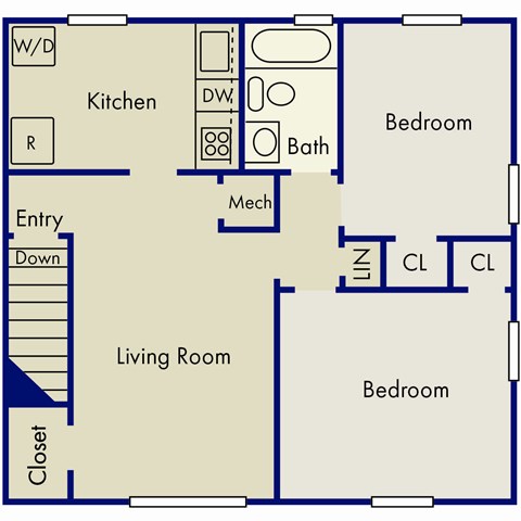 Floor plan for 2 beds, 1 bath, 735 sqft