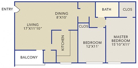 Floor plan for 2 beds, 1 bath, 1000 sqft