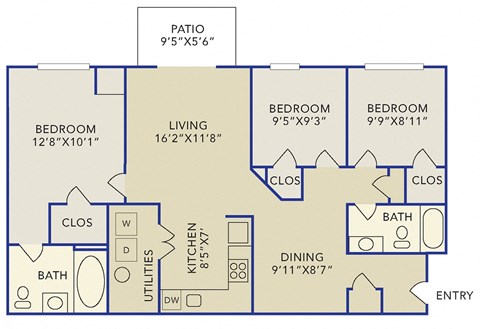 Floor plan for 3 beds, 2 baths, 1200 sqft