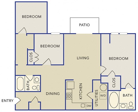 Floor plan for 3 beds, 2 baths, 1225 sqft