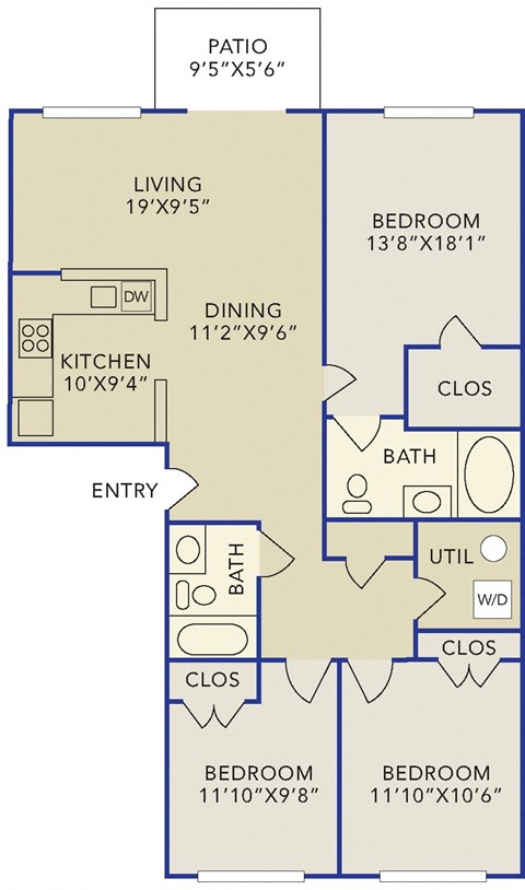 Floor plan for 3 beds, 2 baths, 1225 sqft