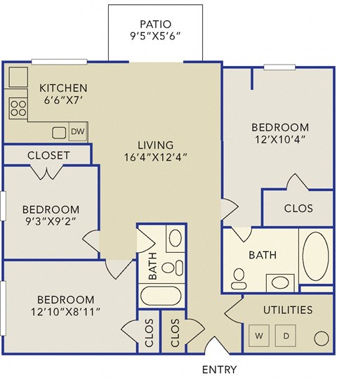 Floor plan for 3 beds, 2 baths, 1200 sqft