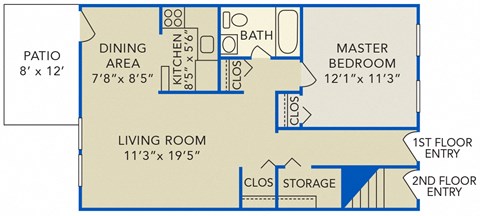 Floor plan for 1 bed, 1 bath, 680 sqft