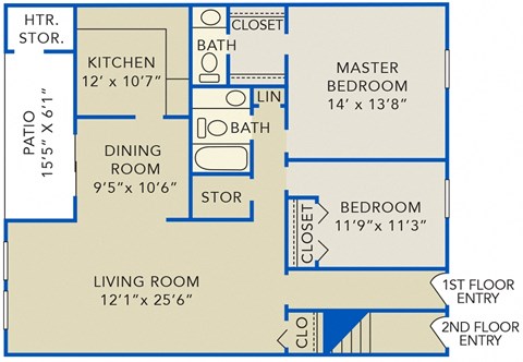Floor plan for 2 beds, 1.5 baths, 1208 sqft