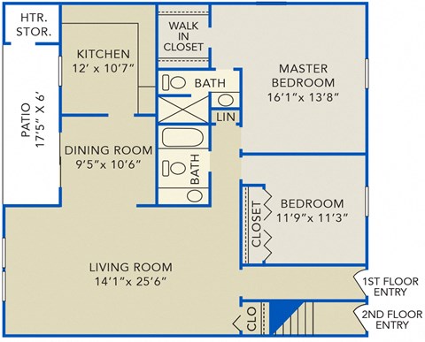 Floor plan for 2 beds, 2 baths, 1344 sqft