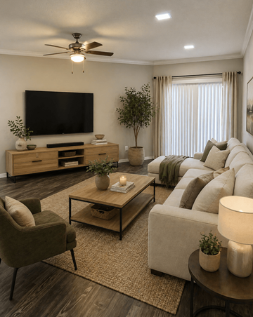 Georgetown apartment for rent - A living room with a television, a couch, a chair, a coffee table, and a plant.