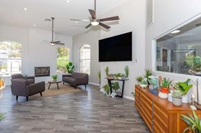 Las Vegas apartment for rent - A living room with a grey couch, a television, and a wooden cabinet with plants on it.