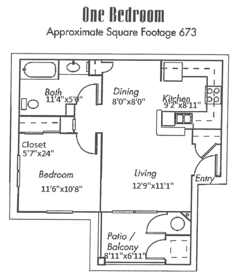 Floor plan for 1 bed, 1 bath, 673 sqft