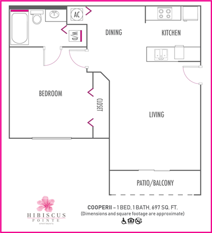 Floor plan for 1 bed, 1 bath, 700 sqft