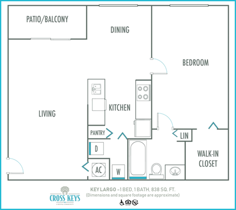 Floor plan for 1 bed, 1 bath, 800 sqft