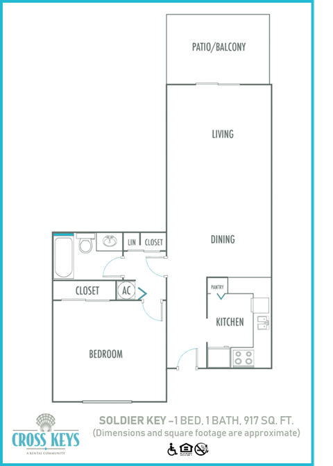 Floor plan for 1 bed, 1 bath, 801 sqft