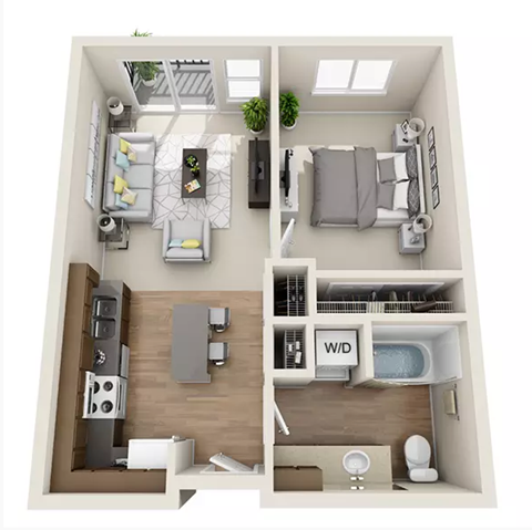 Floor plan for 1 bed, 1 bath, 612 sqft