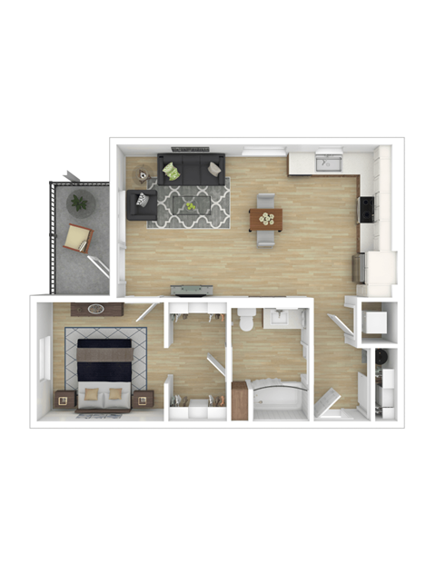 Floor plan for 1 bed, 1 bath, 741 sqft