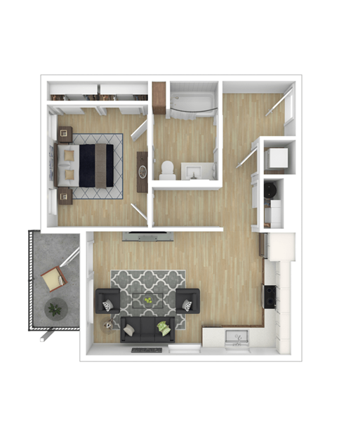 Floor plan for 1 bed, 1 bath, 716 sqft