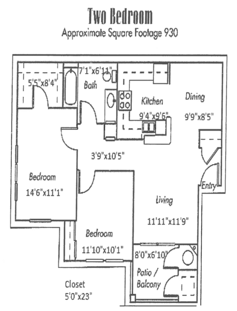 Floor plan for 2 beds, 1 bath, 930 sqft