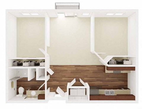 Floor plan for 2 beds, 1 bath, 857 sqft
