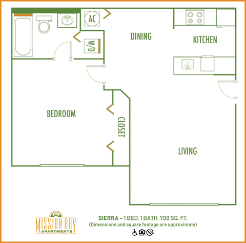 Floor plan for 1 bed, 1 bath, 700 sqft