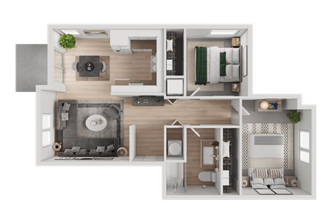 Floor plan for 2 beds, 1 bath, 867 sqft