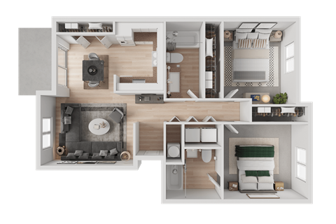 Floor plan for 2 beds, 2 baths, 935 sqft