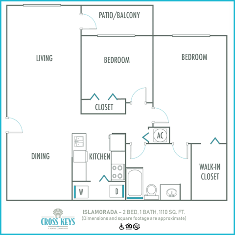 Floor plan for 2 beds, 1 bath, 1110 sqft