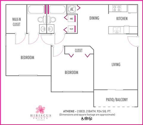 Floor plan for 2 beds, 2 baths, 924 sqft