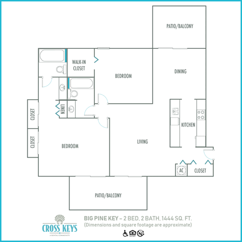 Floor plan for 2 beds, 2 baths, 1016 sqft