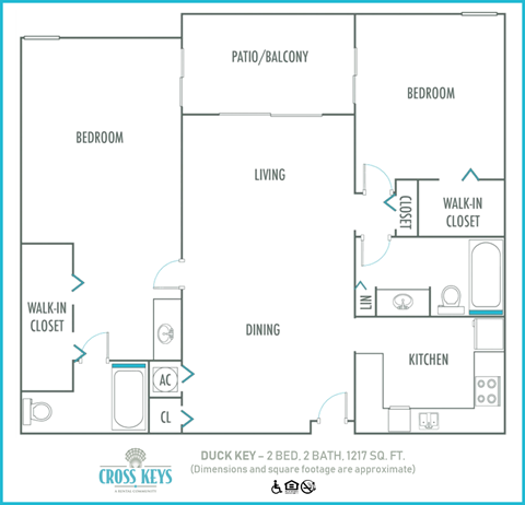 Floor plan for 2 beds, 2 baths, 1217 sqft