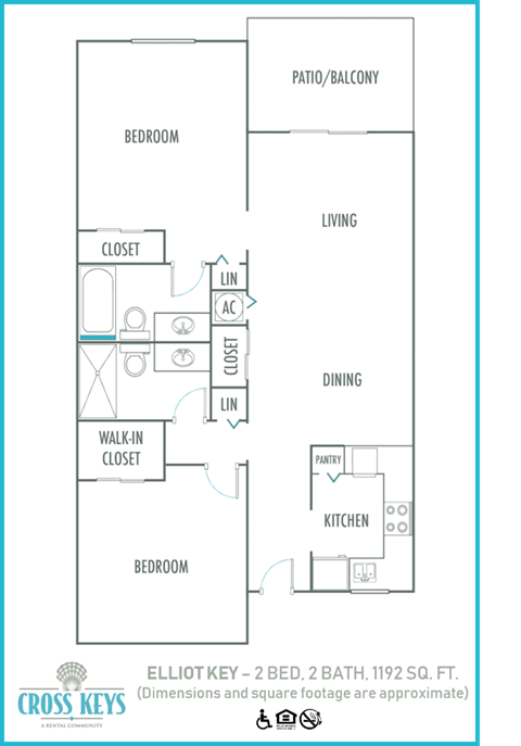 Floor plan for 2 beds, 2 baths, 1192 sqft