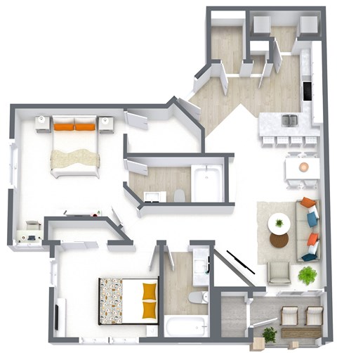 Floor plan for 2 beds, 2 baths, 1023 sqft