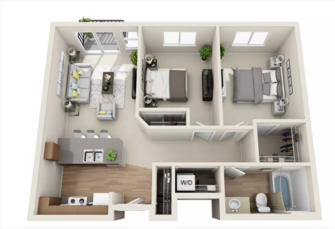 Floor plan for 2 beds, 1 bath, 796 sqft