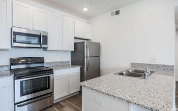 Granite slab counter top with dual stainless steel sinks