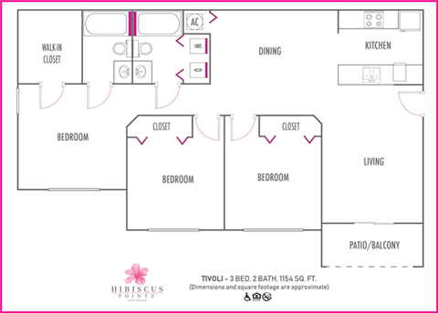 Floor plan for 3 beds, 2 baths, 1154 sqft