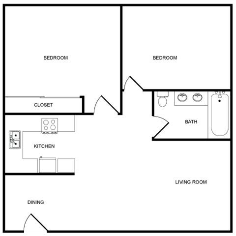 Floor plan for 2 beds, 2 baths, 960 sqft