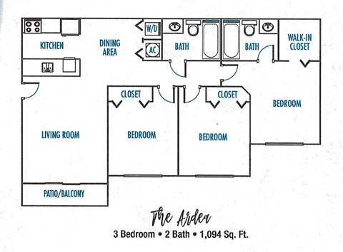 Floor plan for 3 beds, 2 baths, 1094 sqft