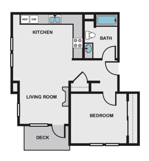 Floor plan for 1 bed, 1 bath, 638 sqft
